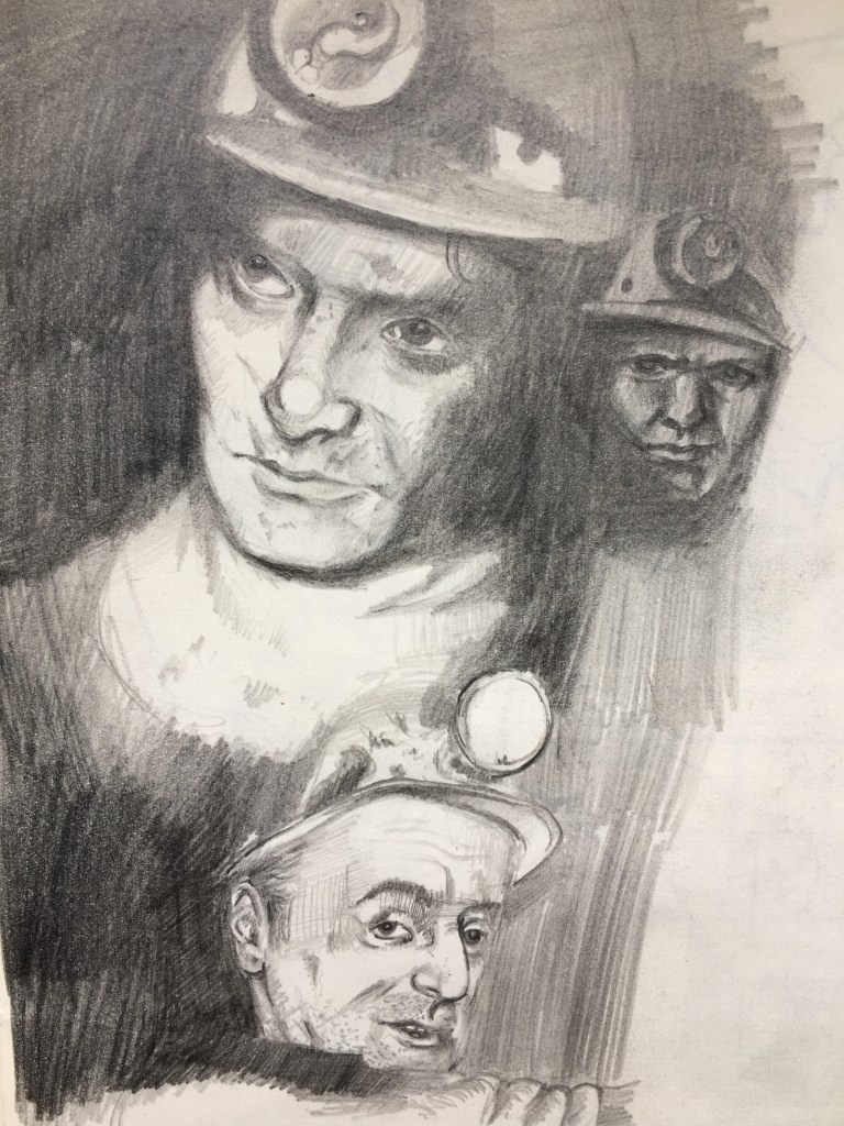 A pencil sketch of colliery workers 