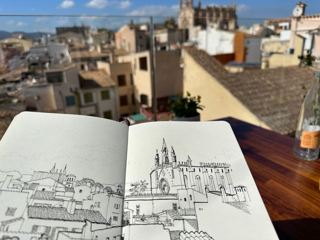 Photo showing partially completed sketch with the view in the background