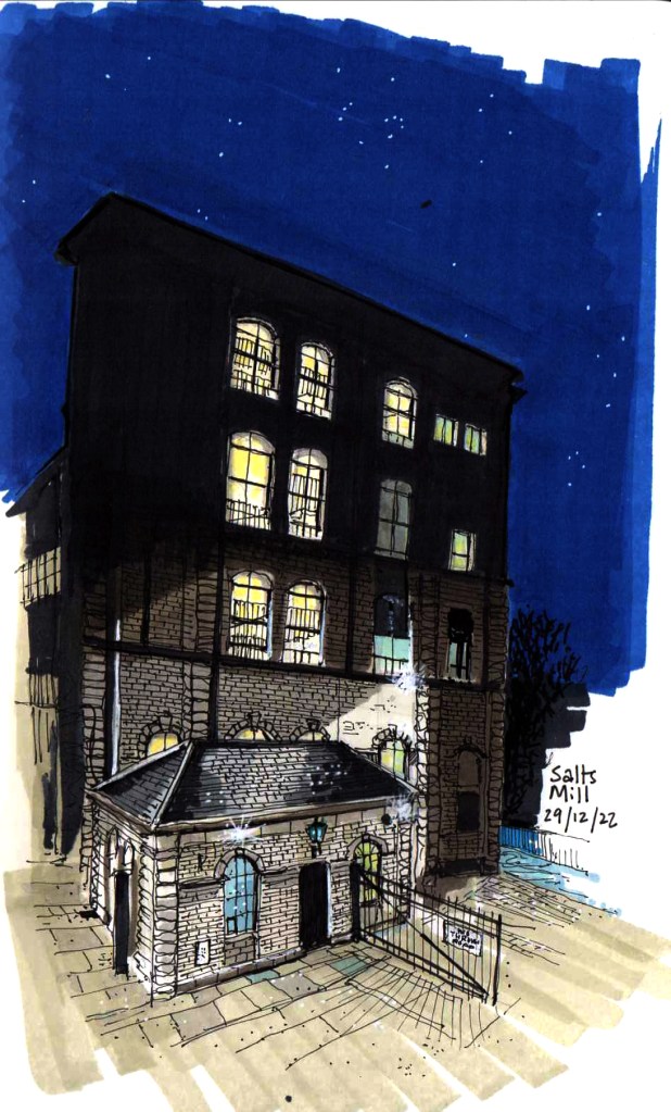 Illustration of Salts Mill in the evening.