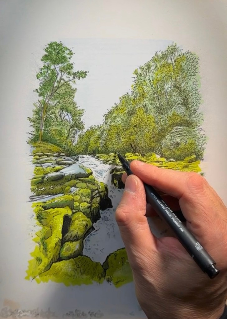 Image showing work underway on the drawing of the Strid waterfall.